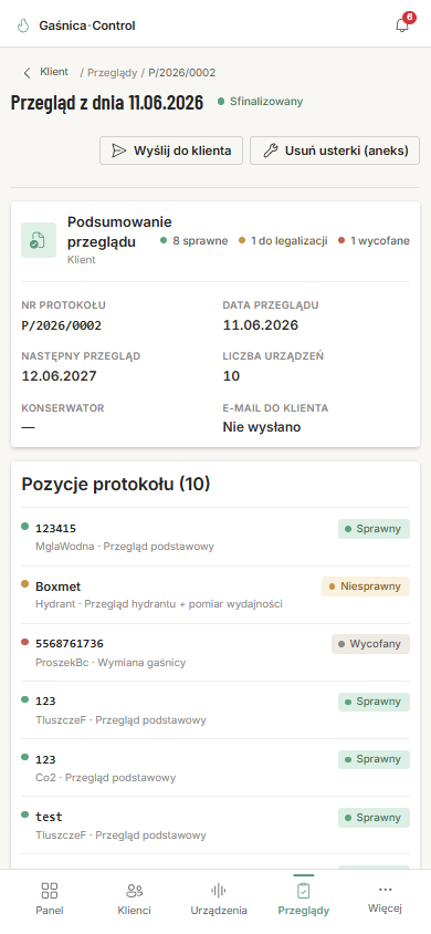 Protokół przeglądu w aplikacji Gaśnica·Control